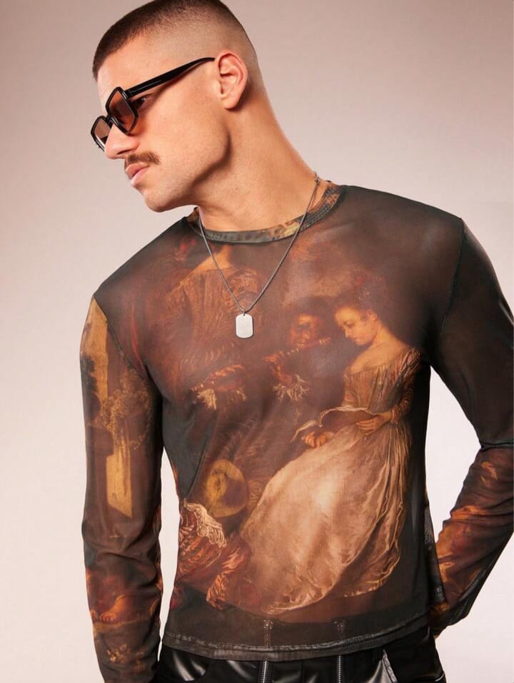 Men's Printed Floral Print Sheer Croppel Long Sleeve Tees
